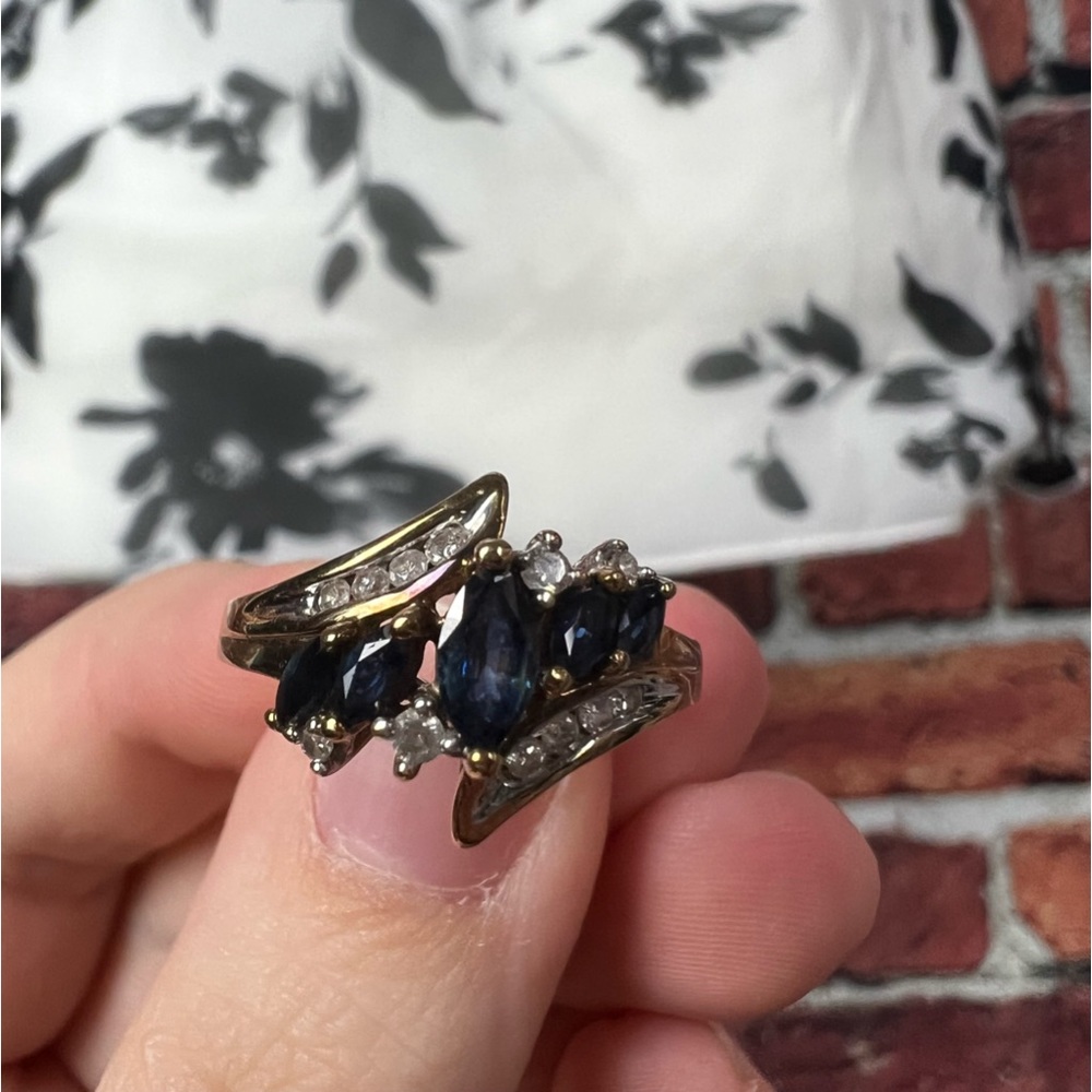 COPY - Zales 5-Stone Marquise Blue Sapphire Ring w/ Diamond Accents 10K Gold Si…